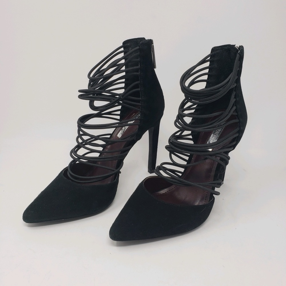 BCBG GENERATION Black Strapy Heels Size 5.5 Leather Textile Stiletto Dress Shoes